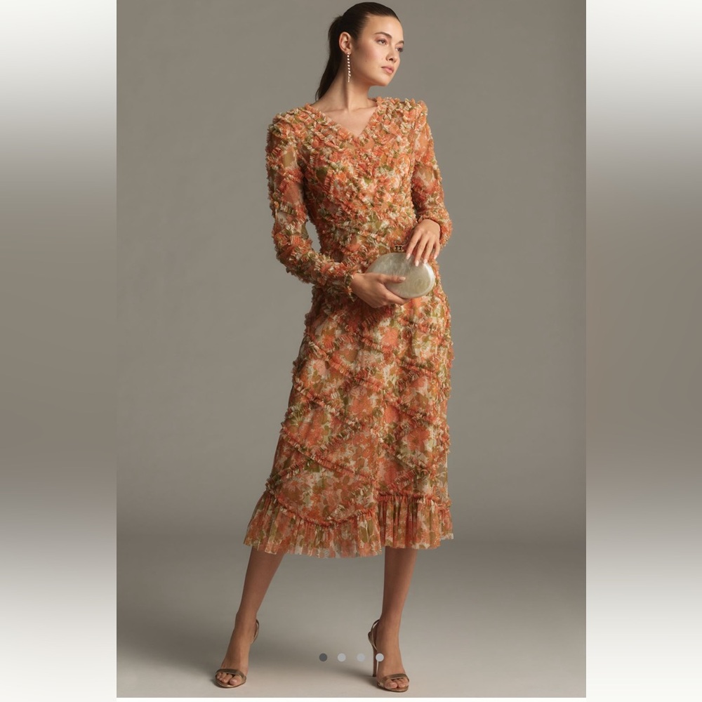 Anthropologie Mac Duggal Floral long sleeve ruffle dress